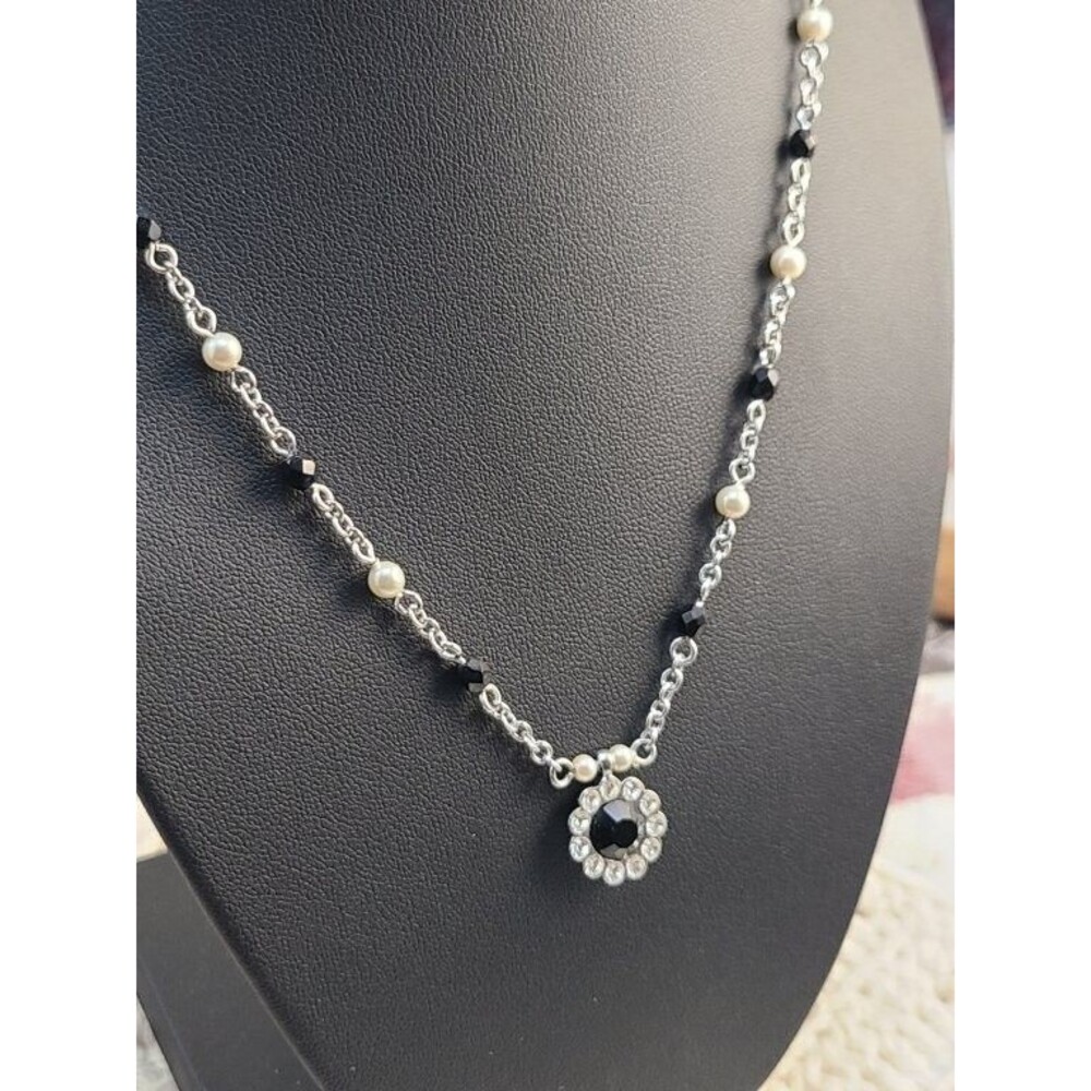 Vintage Marvella Black Faux Pearl Rhinestone Halo Pendant Necklace 18" New